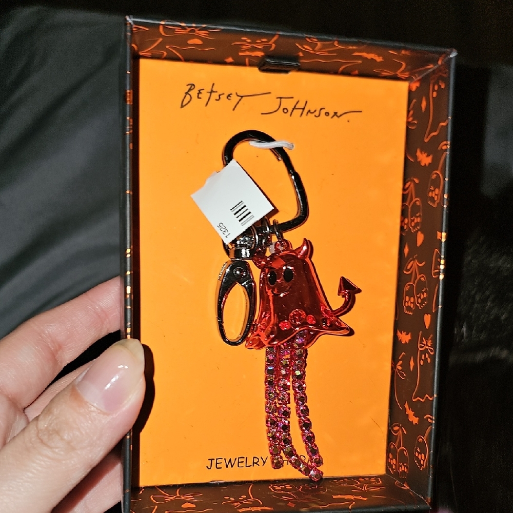 Betsey Johnson Sparkling Red Devilish Ghost Keychain Bejewled Gems New